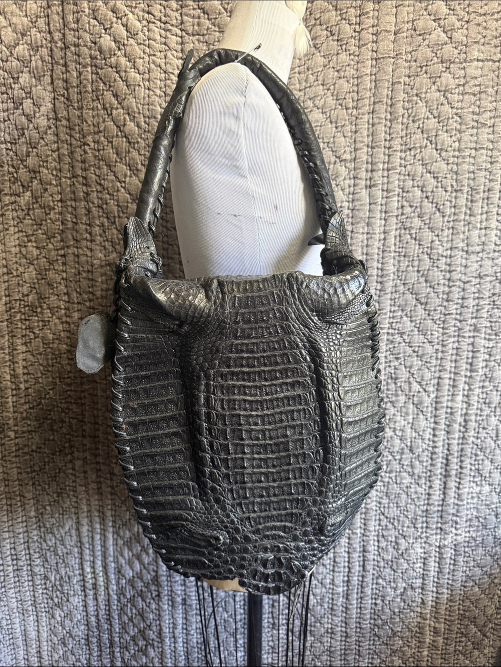 Black Real Crocodile-Texture Shoulder Bag - Designer Style